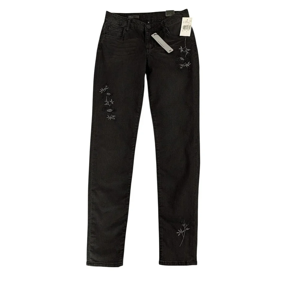 Kut‎ From The Kloth Diana Embroidered Mid Rise Skinny Jeans Black Size 0 NEW